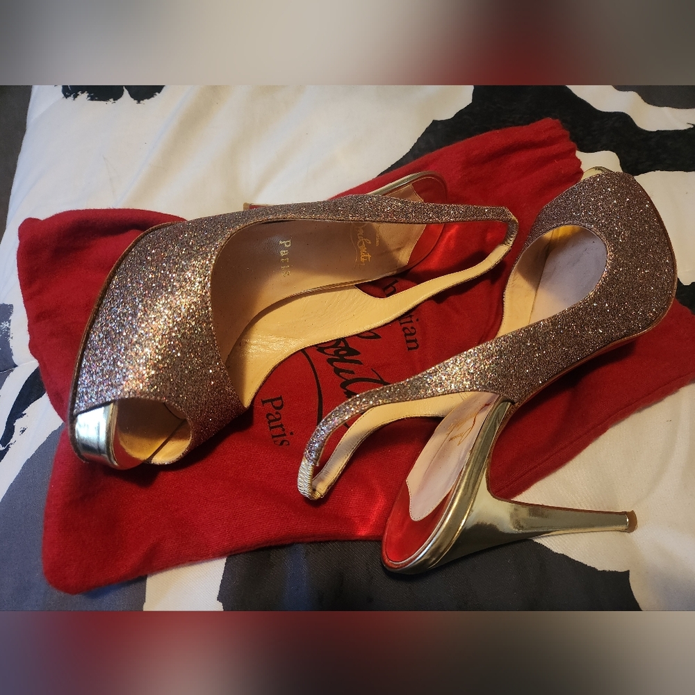 Christian Louboutin Lady Peep Slingback Peep Toe Glitter Heel sz 40 - Picture 13 of 16